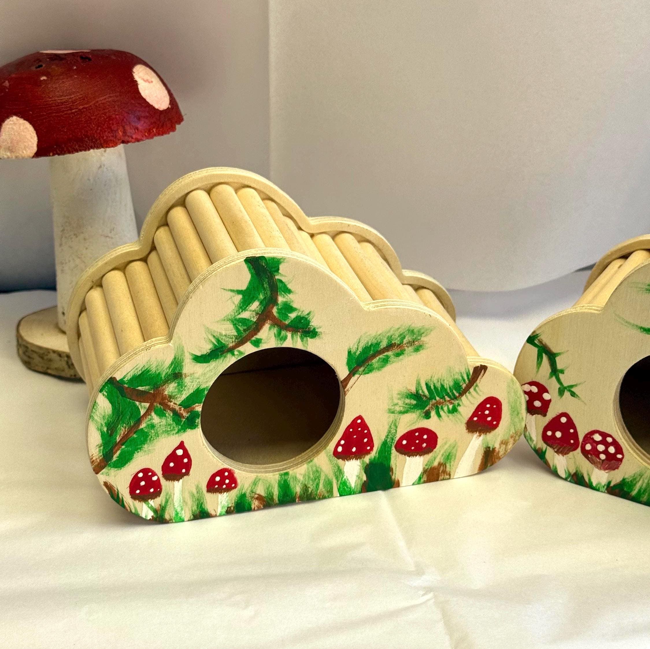 Wooden Hand Painted Mushroom Themed Hamster Hide