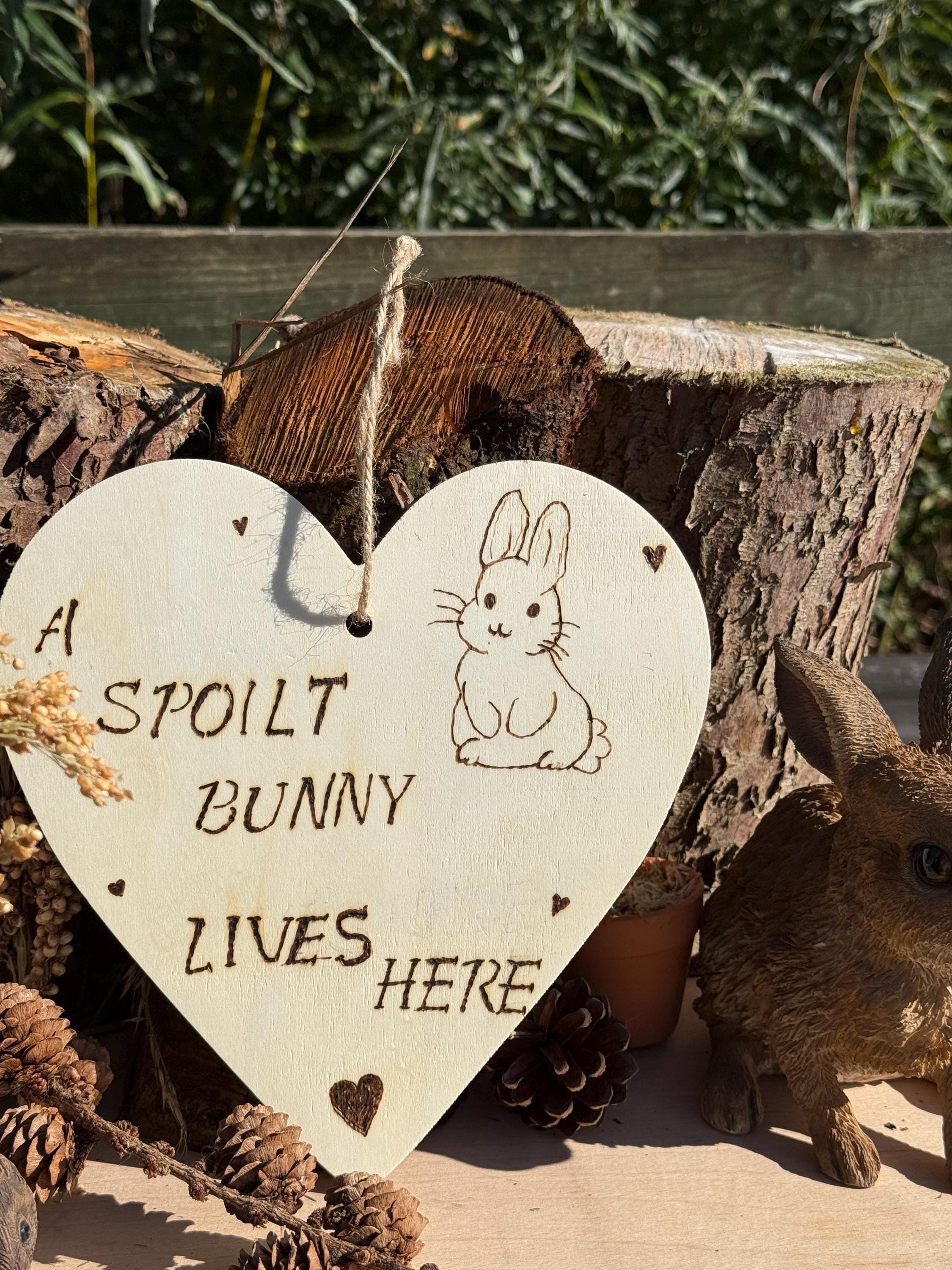 Hanging Wooden Heart Sign Bunny Rabbit Home Decor