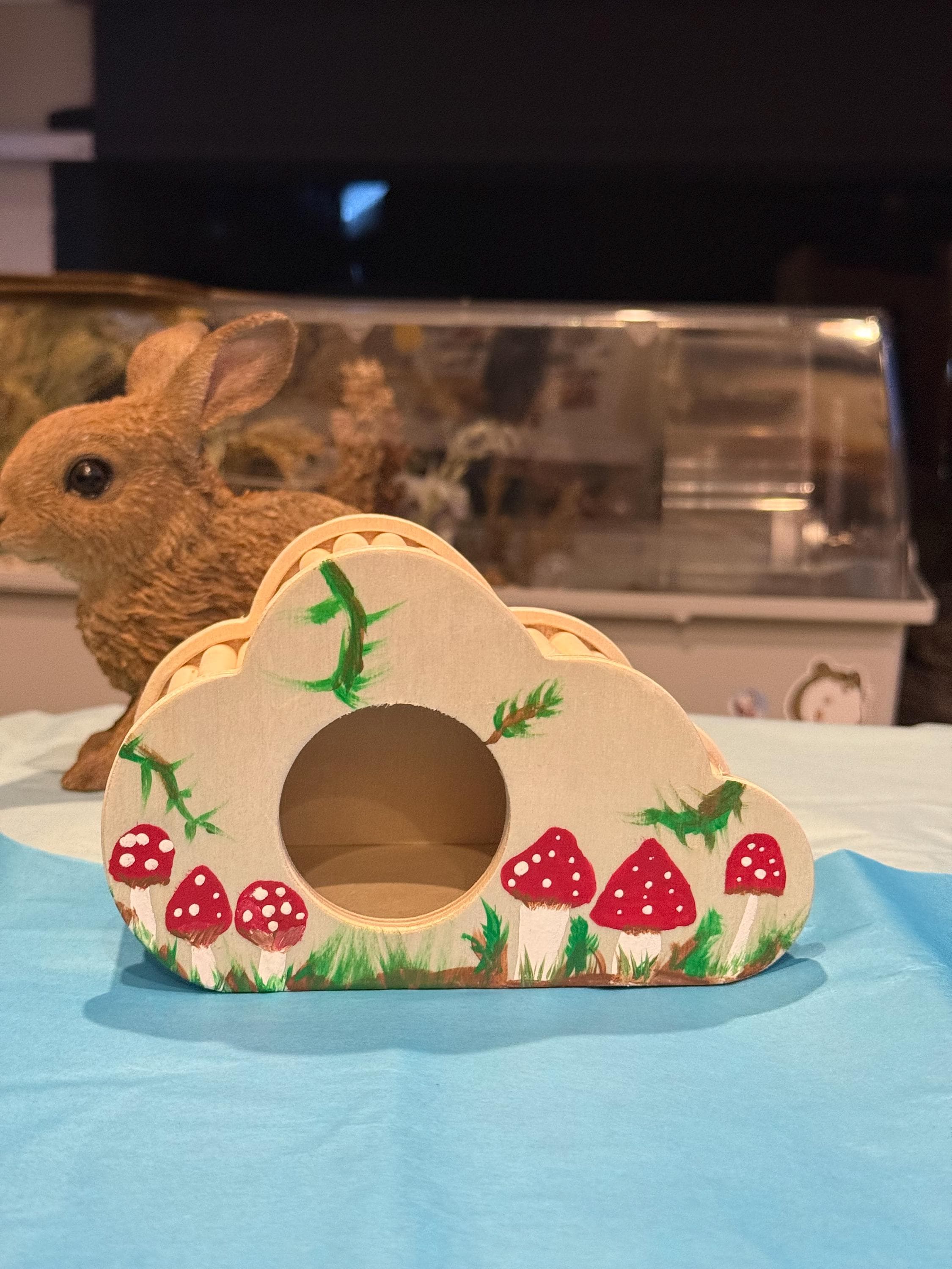 Wooden Hand Painted Mushroom Themed Hamster Hide
