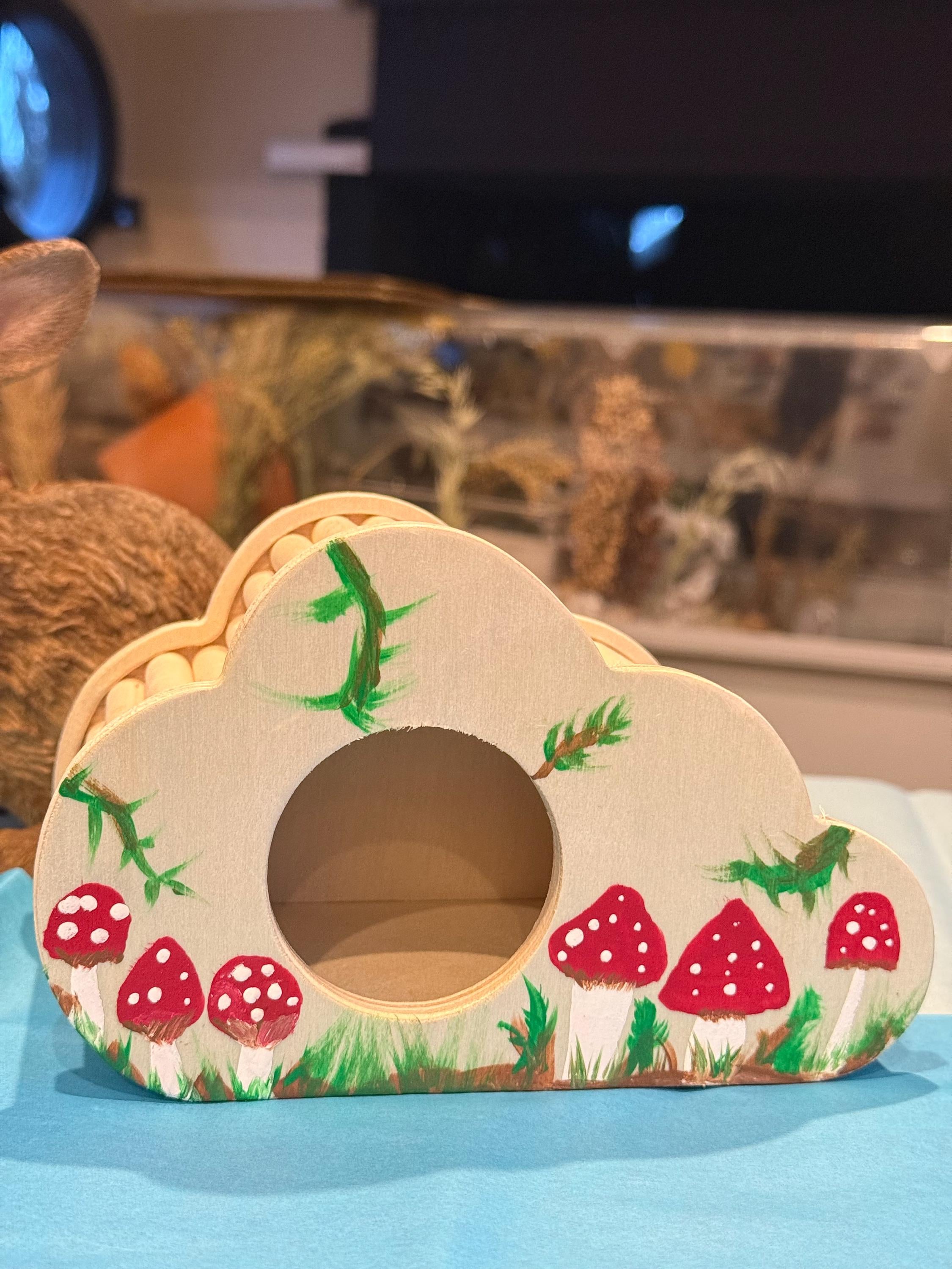 Wooden Hand Painted Mushroom Themed Hamster Hide