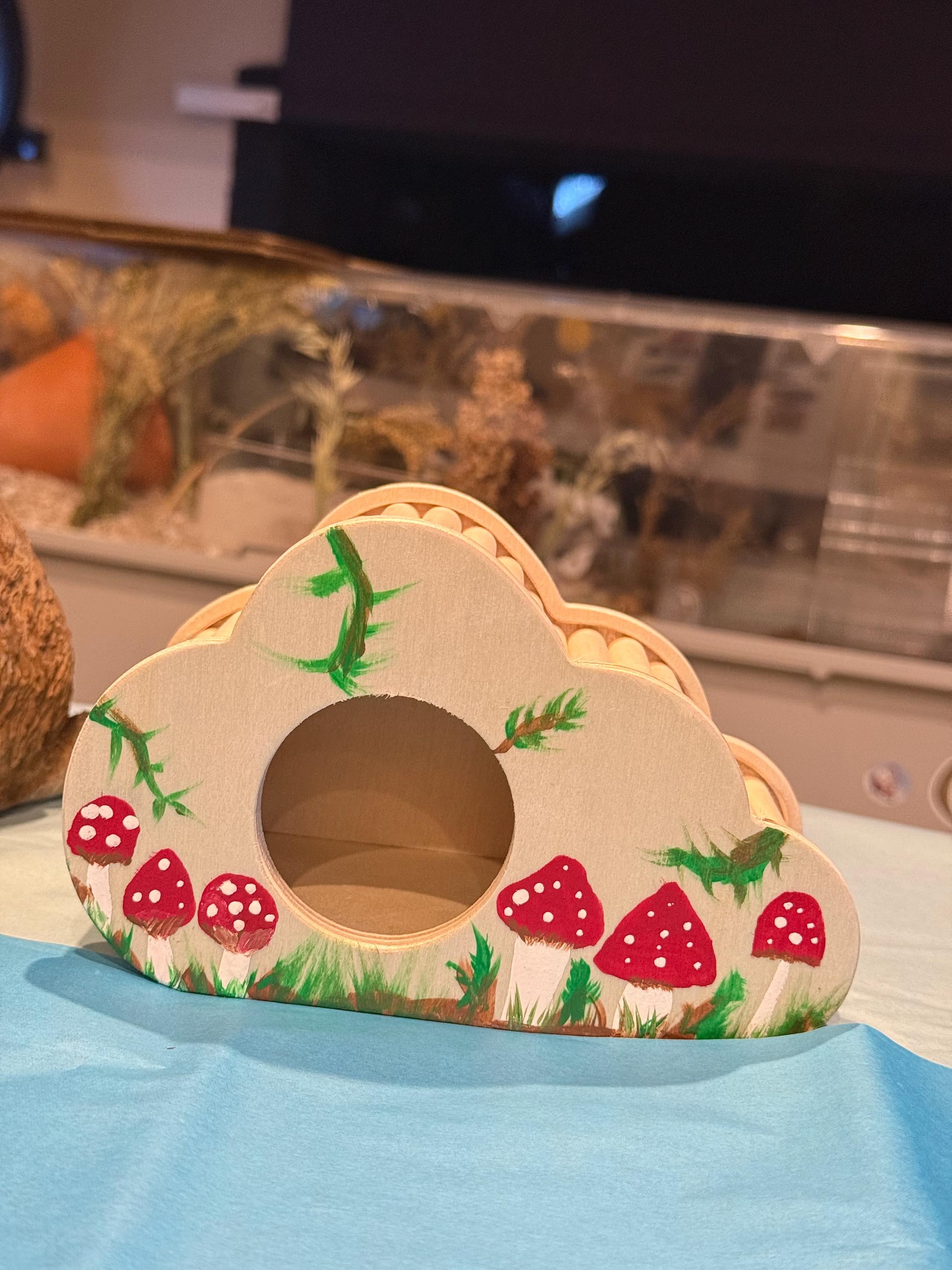 Wooden Hand Painted Mushroom Themed Hamster Hide
