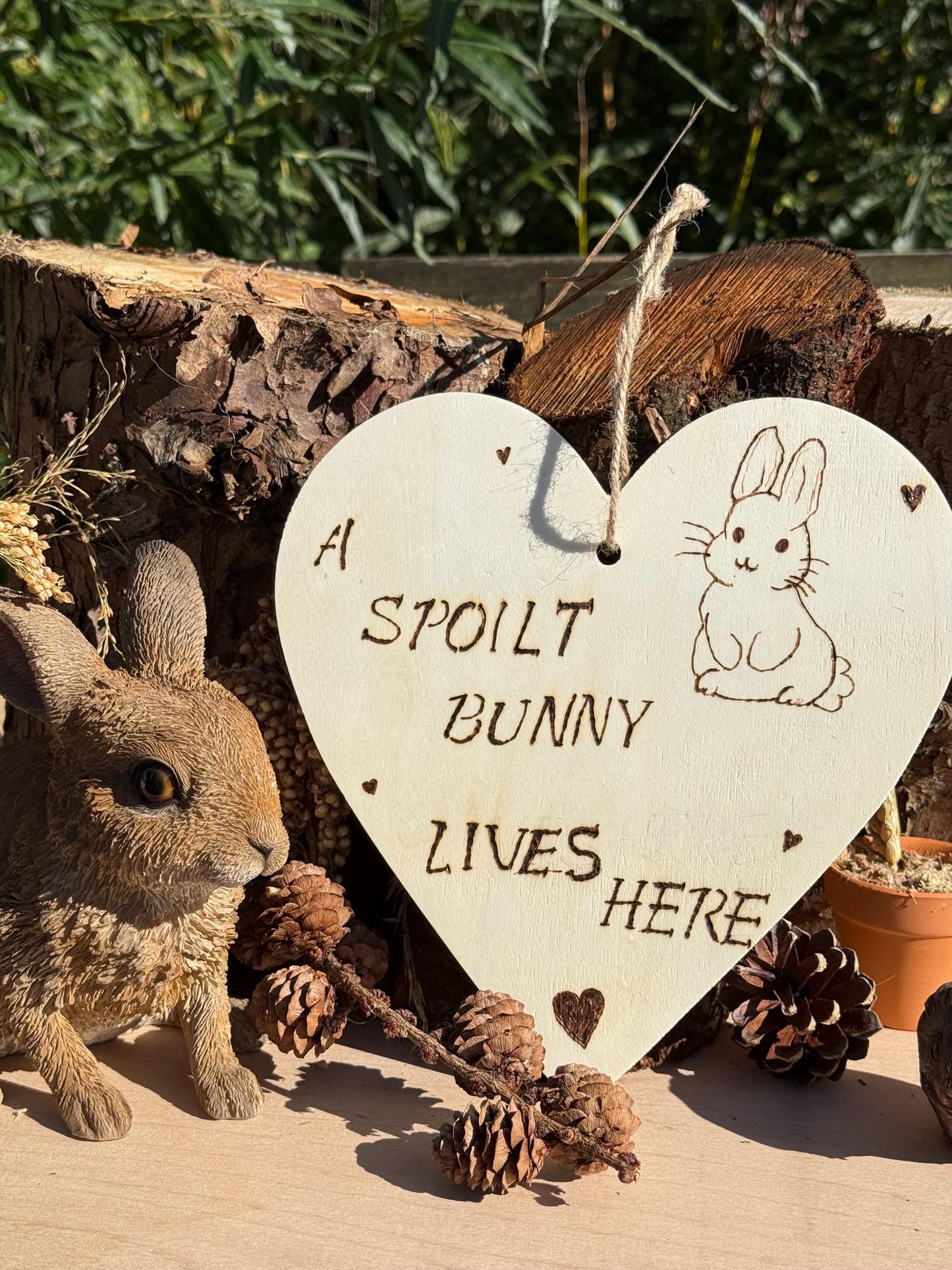 Hanging Wooden Heart Sign Bunny Rabbit Home Decor