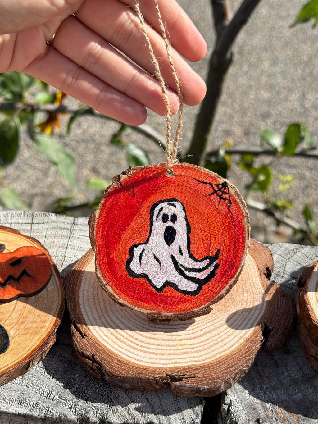 Hand Painted Ghost Wooden Slice Ornament: Rustic Halloween Decor