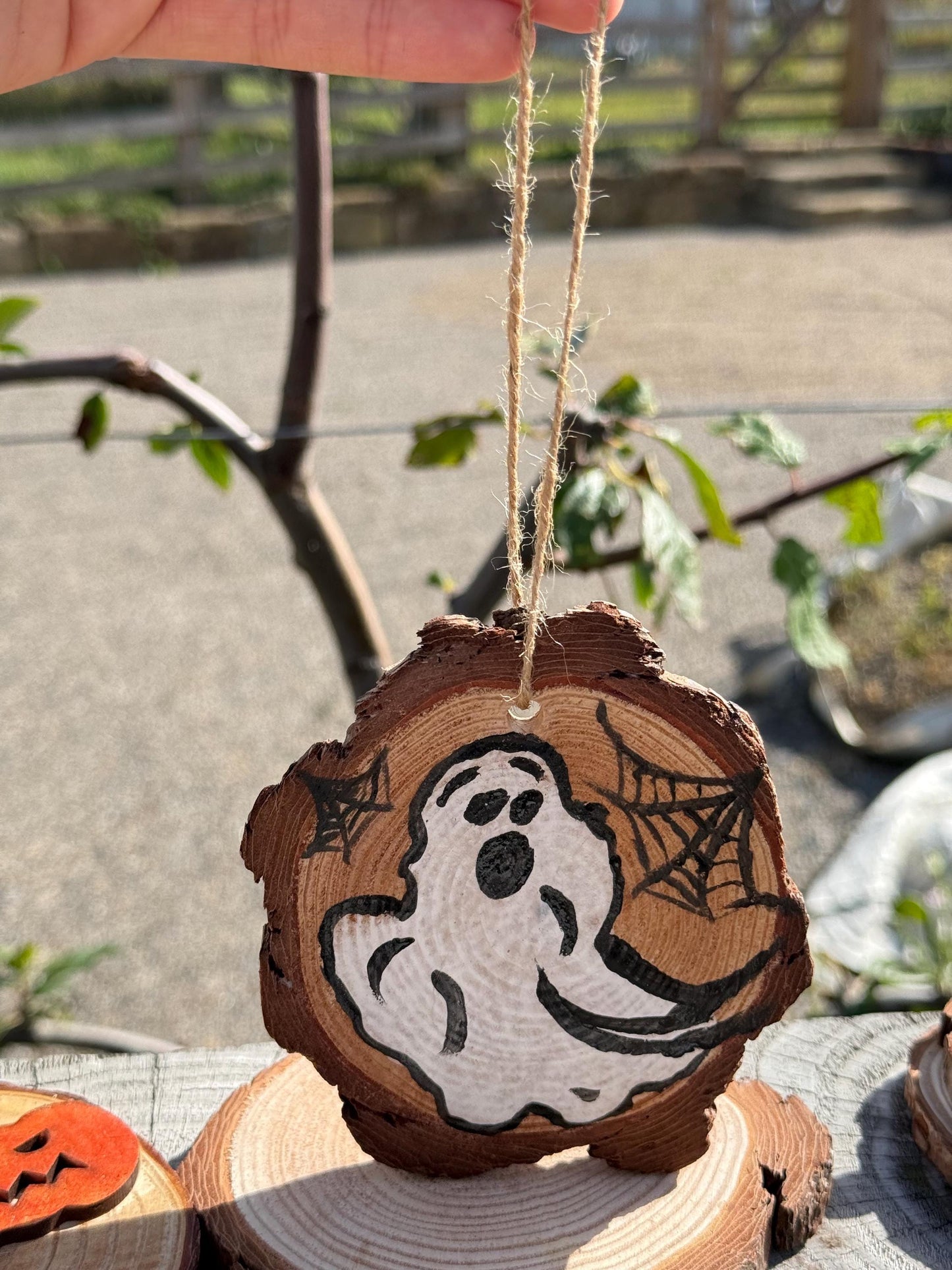 Hand Painted Ghost Wooden Slice Ornament: Rustic Halloween Decor