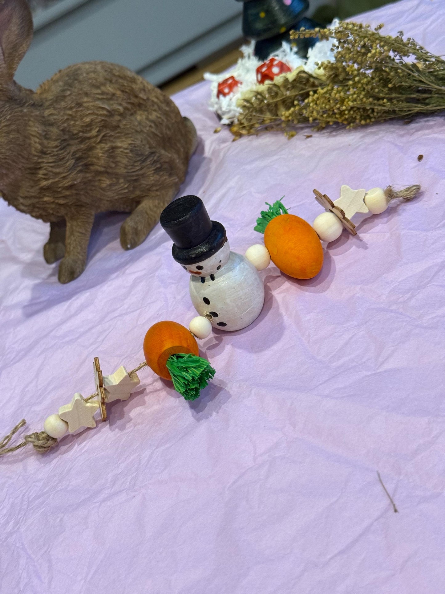 Snowman Christmas Wooden Hamster Chew Toy Hanging Garland Safe Untreated Wood