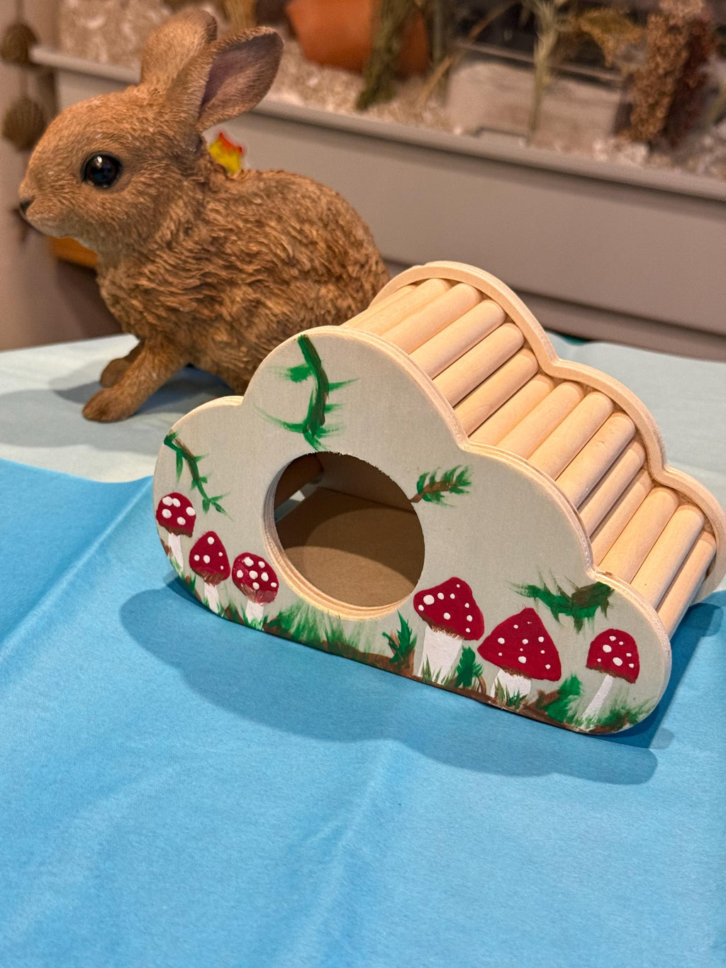 Wooden Hand Painted Mushroom Themed Hamster Hide