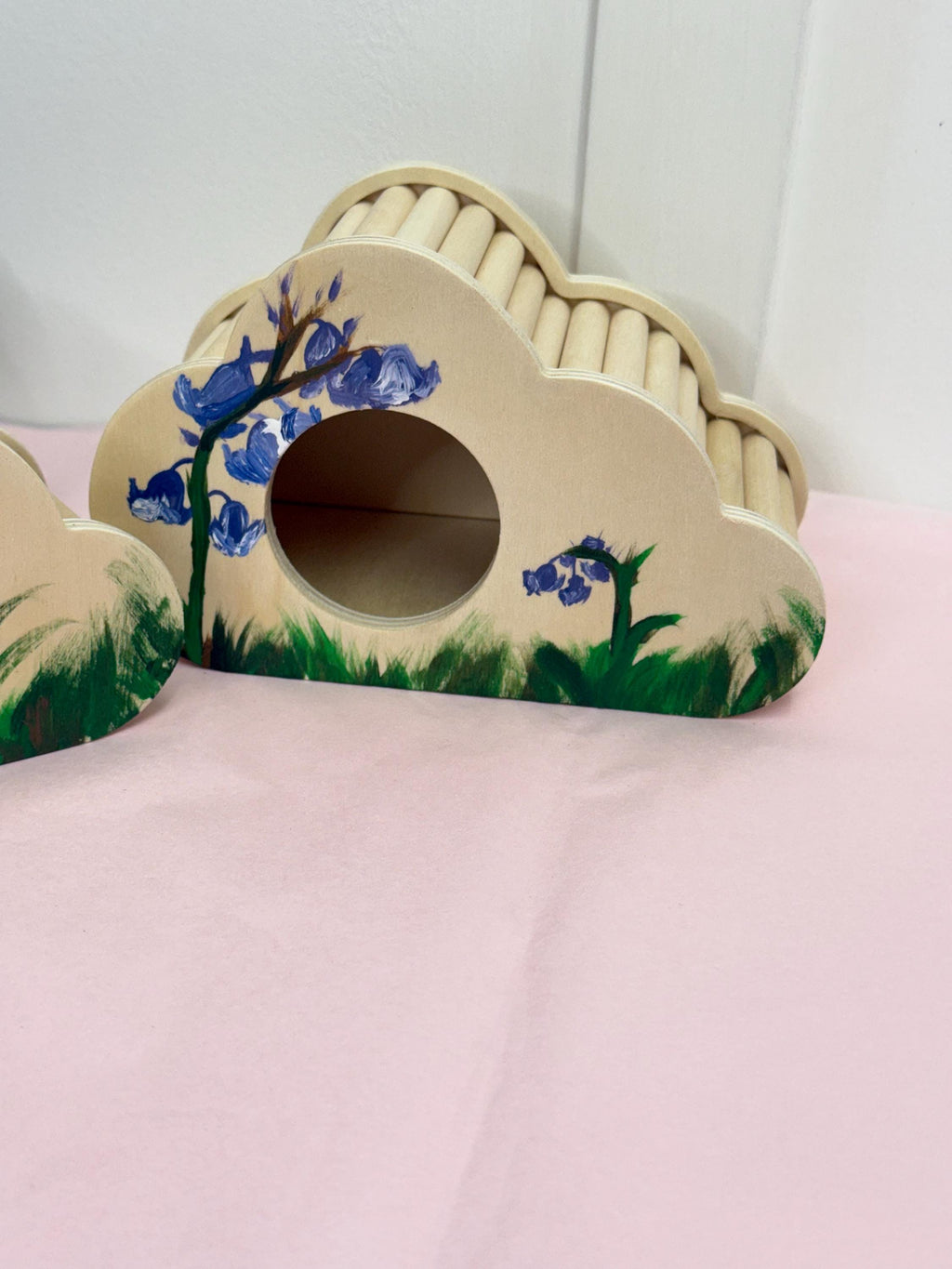 Wooden Hand Painted Bluebell Themed Hamster Hide