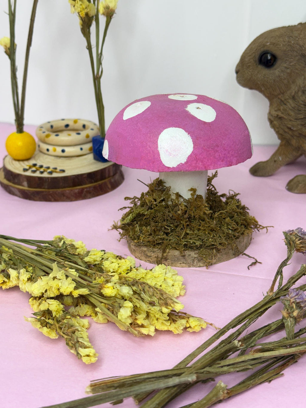 Handmade Pink Mossy Wooden Hamster Spray Holder: Toadstool Cage Decor