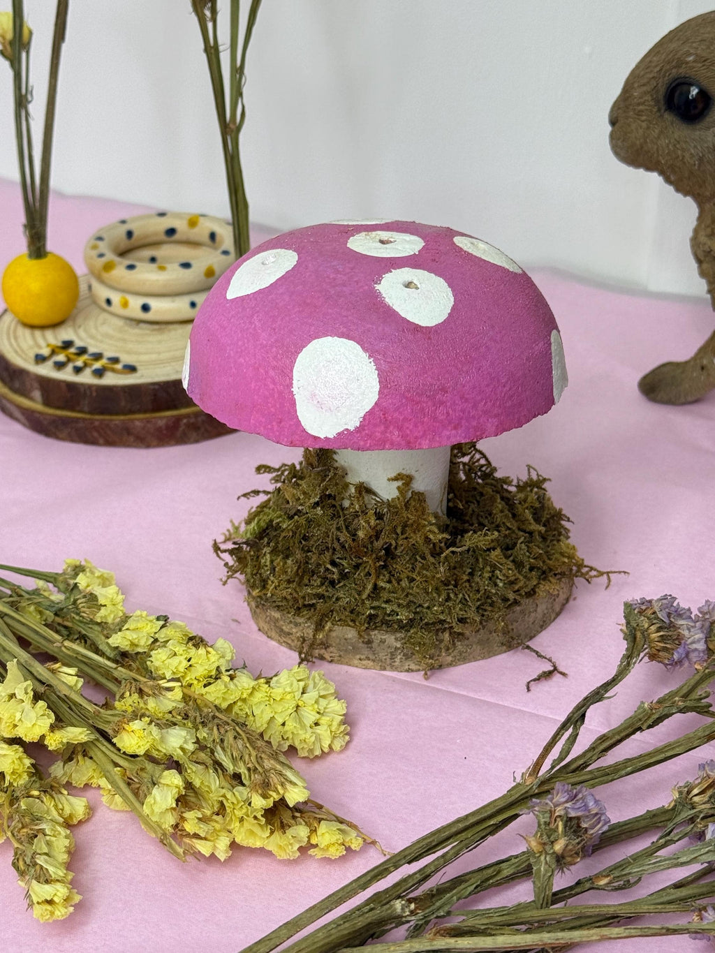 Handmade Pink Mossy Wooden Hamster Spray Holder: Toadstool Cage Decor
