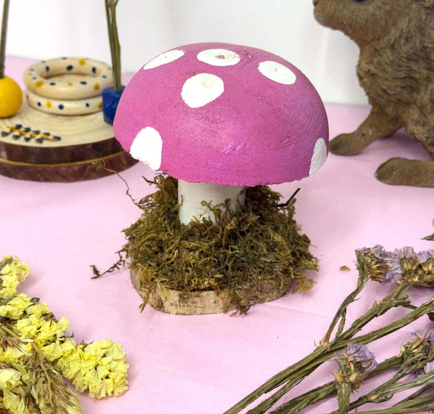 Handmade Pink Mossy Wooden Hamster Spray Holder: Toadstool Cage Decor